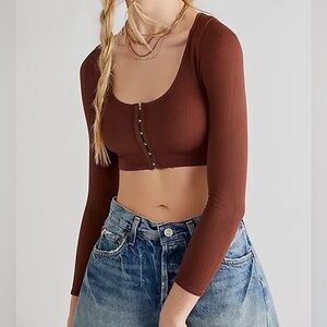 FP Intimately Get You Seamless Long-Sleeve Crop - Cappucino Brown Hook & Eye Top